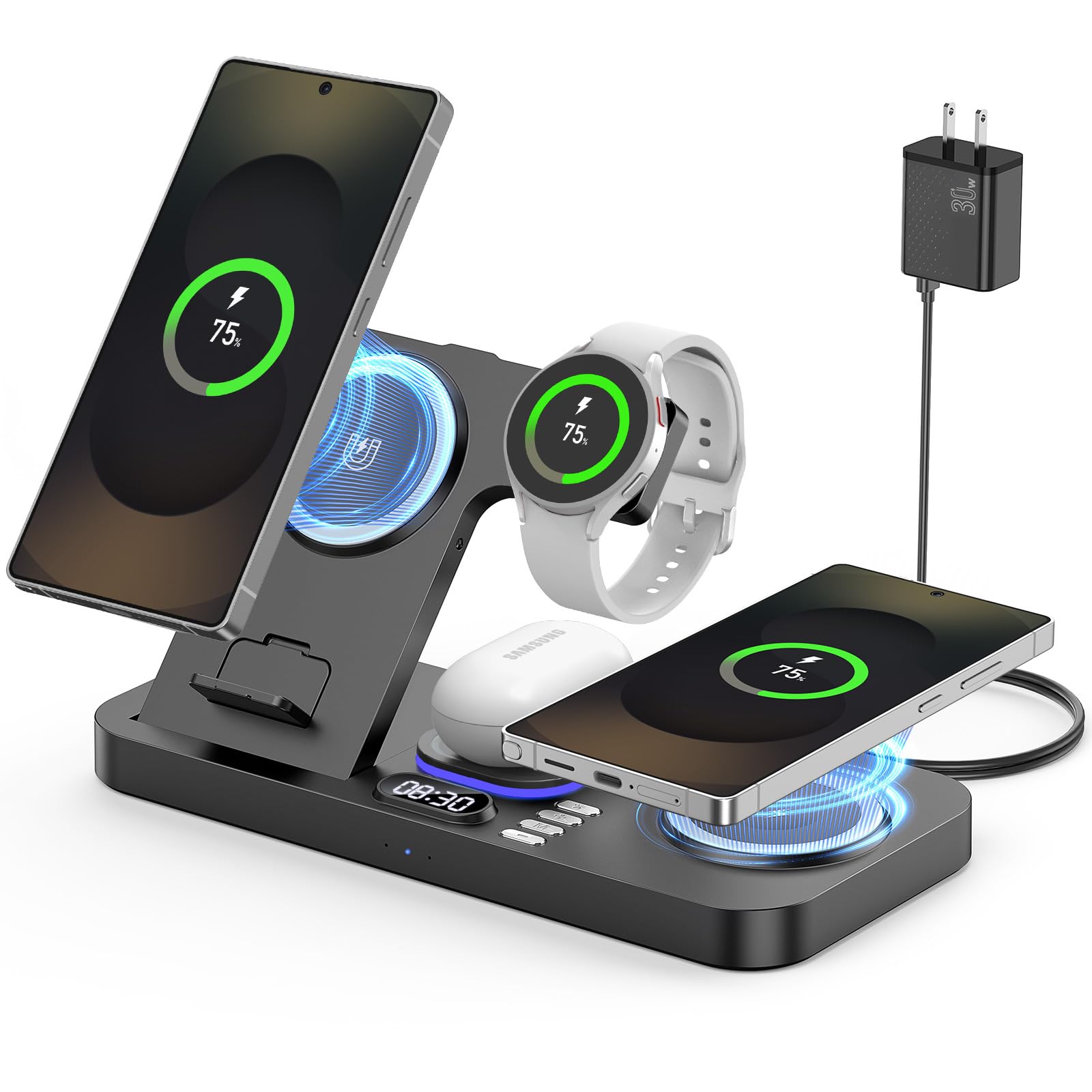 Photo 1 of YiJYi 2025 Wireless Charger for Samsung, 6 in 1 Charging Station,30W Dual Wireless Charger Phone with Clock & 7-Color Night Light,for Samsung S25,for Galaxy Buds for Samsung Galaxy Watch