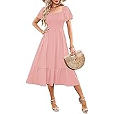 AUSELILY Women's Summer Empire Waist Dress Smocked Flutter Short Sleeve Square Neck Midi Dresses 2026 New