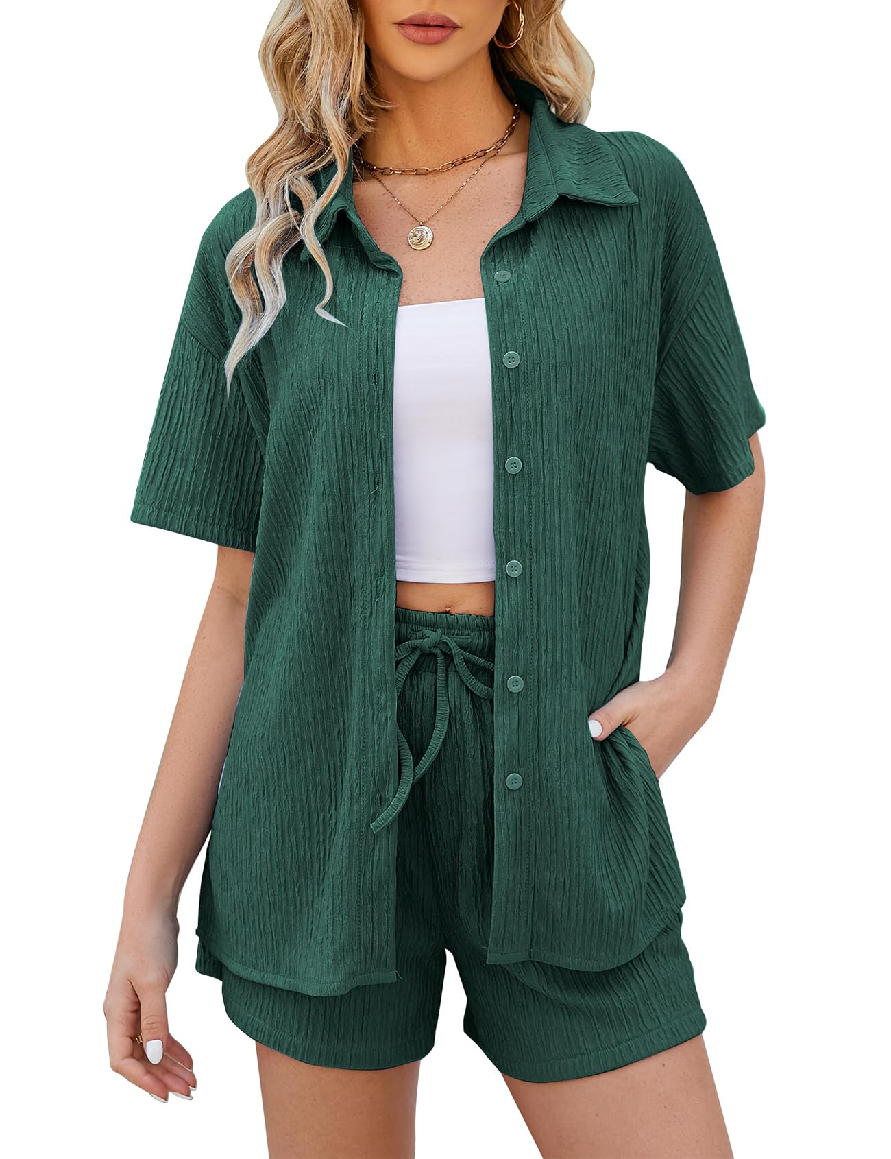 Photo 1 of ROJZR Womens 2 Piece Outfits Lounge Short Sets Button Down Pleated Shirts Elastic Waist Shorts Pajamas Sets(Green,L)