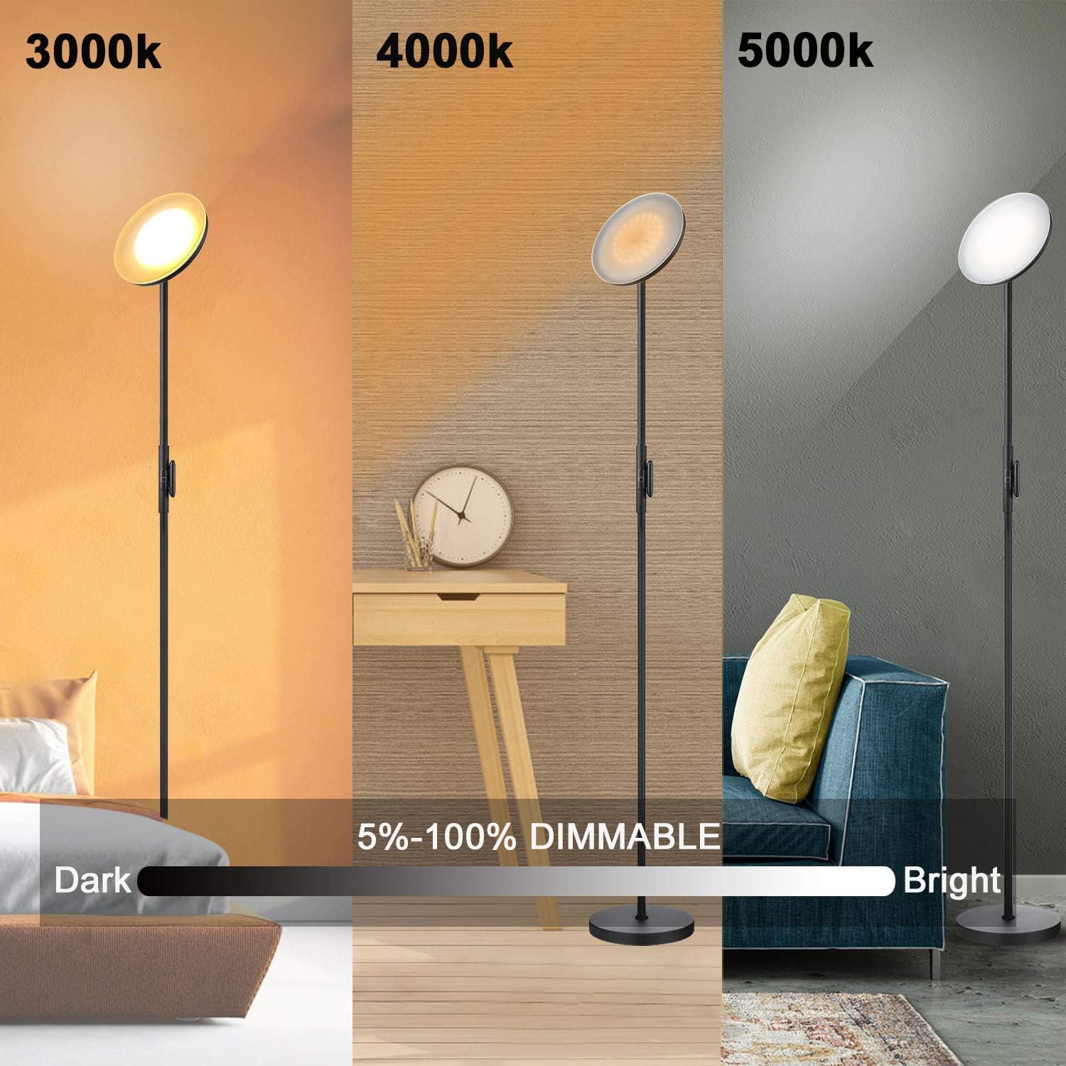 JOOFO Floor Lamp, 30W/2400LM Sky LED Modern Torchiere 3 Color Temperatures Super Bright Floor Lamps-Tall Standing Pole Light with Remote & Touch Control for Living Room, Bed Room, Office（Black） - - 
