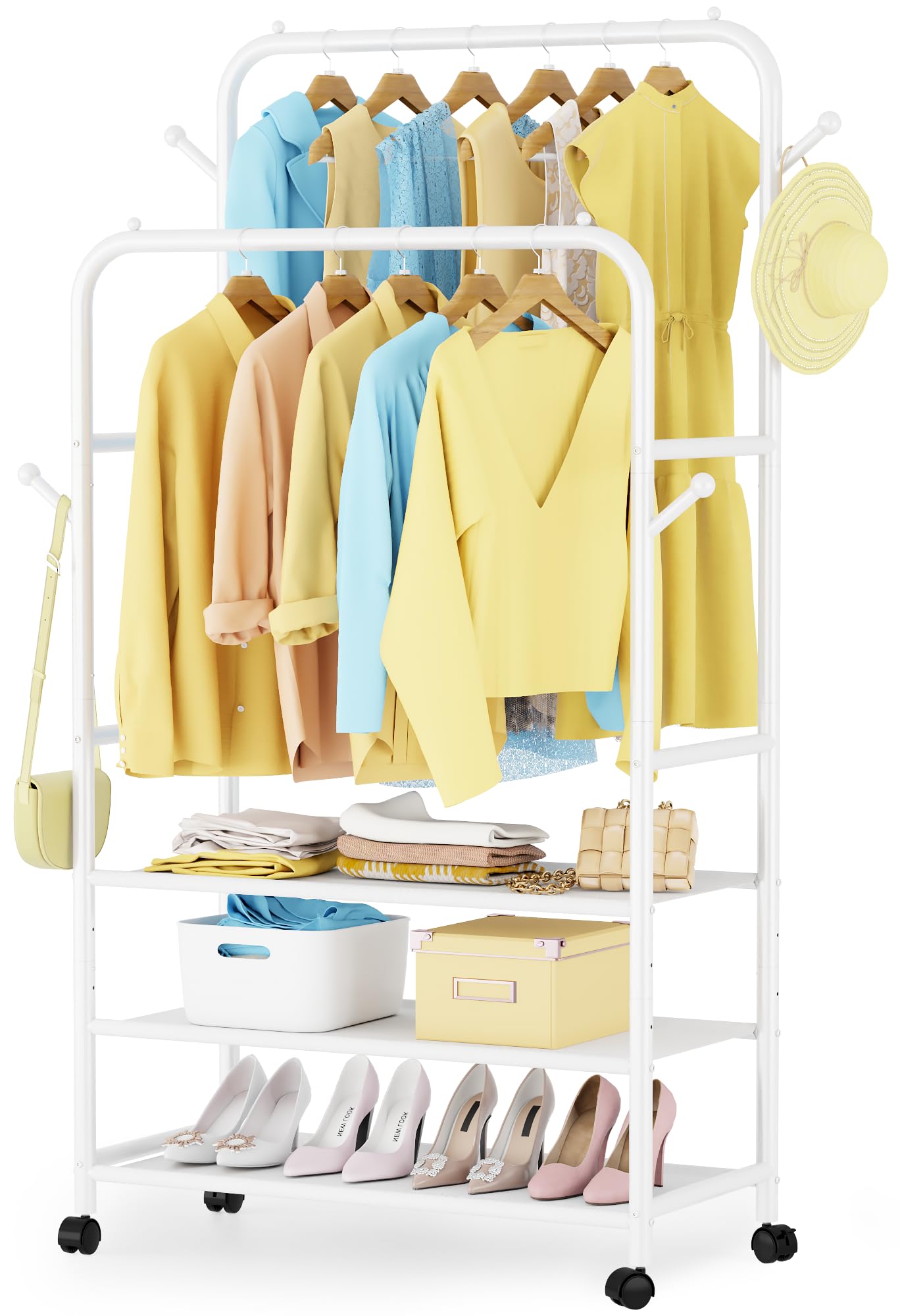 Photo 1 of Furologee Portable Clothes Racks for Hanging Clothes, Double Rods Clothing Rack with Wheels, Rolling Garment Rack for clothes to hang, White