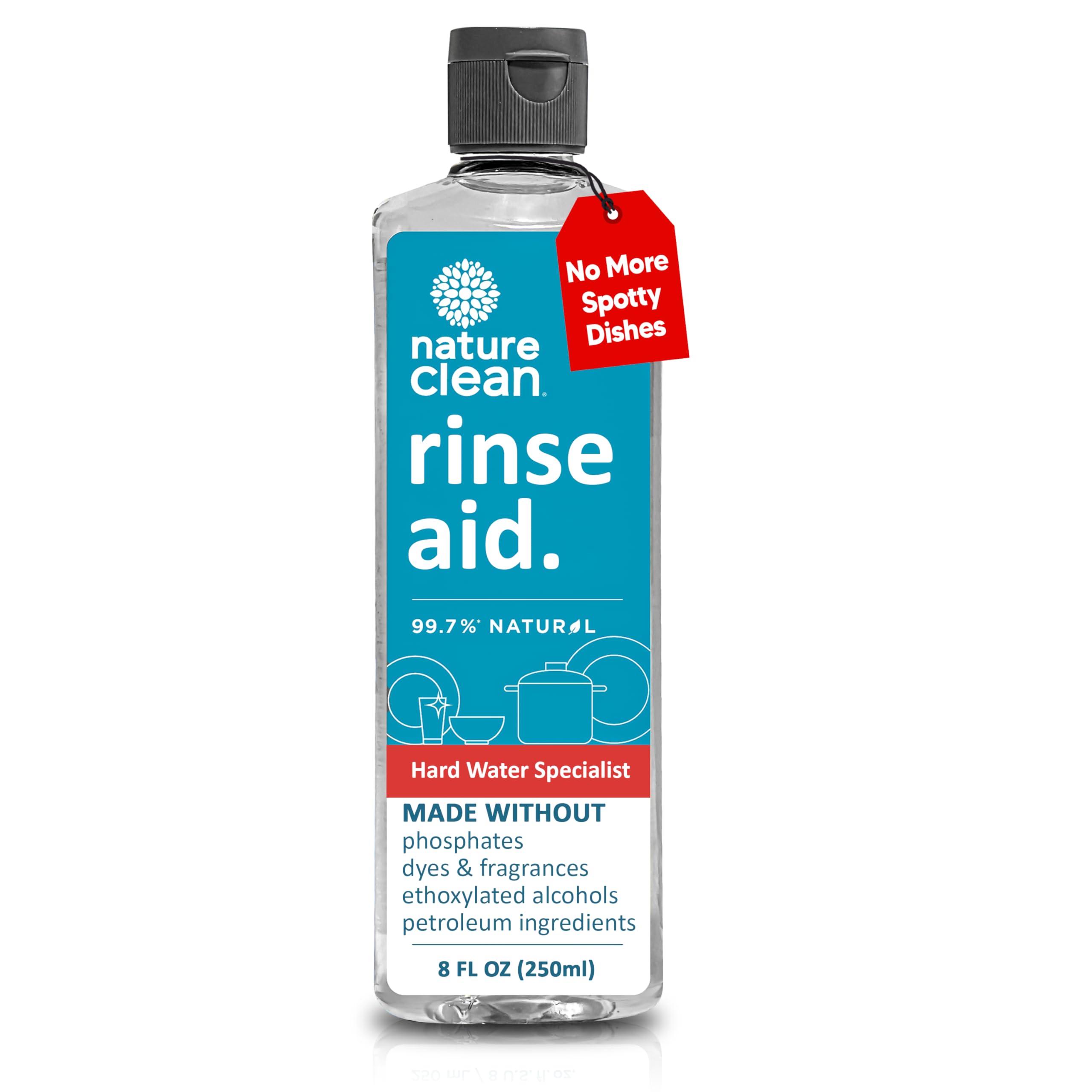 Nature Clean All Natural Dishwasher Rinse Aid Cleaner, Liquid Dishwasher Rinse Agent for Spot-Free Glass & Cutlery in Hard Water, Non Toxic Dish Washer Rinse Aid & Stain Remover, 8 oz/250ml, Pack of 1