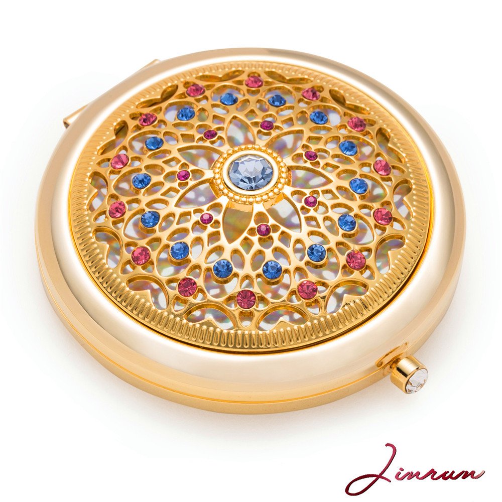 Unique Gifts For Women / 24k Gold Electroplate Makeup Mirror by Jinvun: Ultimate Luxury Round Vanity Mirror w/Diamonds/Sturdy Travel Purse Compact Cosmetic Mirror/Folding Magnifying Beauty Mirror