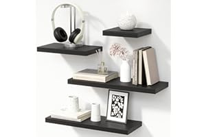 Boswillon Multi-Size Floating Shelves Set of 4, Rustic Wood Wall Mounted Shelves with Invisible Bracket, Hanging Shelves Display for Wall Decor, Living Room, Bedroom, Kitchen, Bathroom - Black