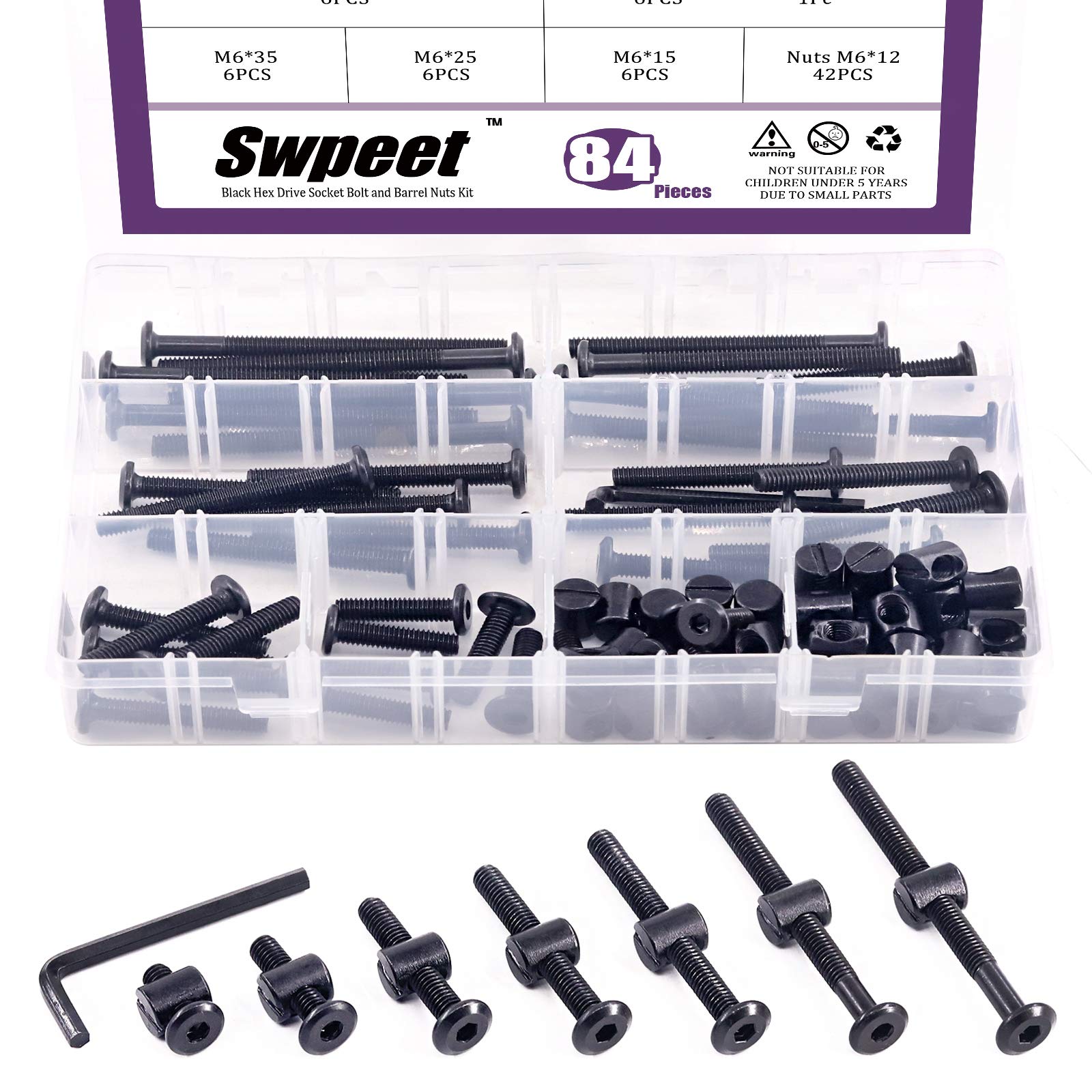 Swpeet 120Pcs Black M6 × 15/25/35/45/55/65/75mm Crib Hardware Screws Kit, Hex Socket Head Cap Screws and Barrel Nuts with 1 x Allen Wrench Perfect for Furniture, Cots, and Beds