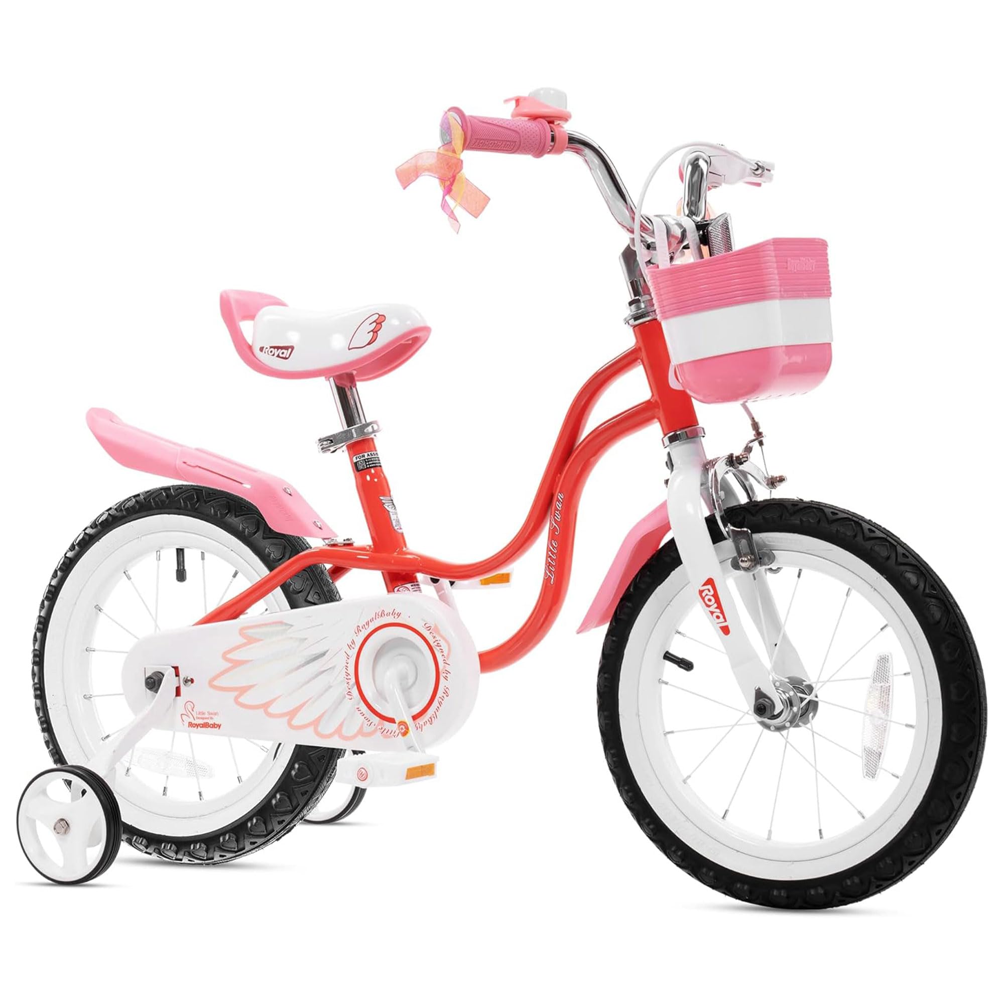 RoyalBaby Princess Girl Children's Bicycle Outdoor Ride-On Bike with Training Wheels, Kickstand, Adjustable Seat, and Basket, 16 Inch, Swan/Red Image