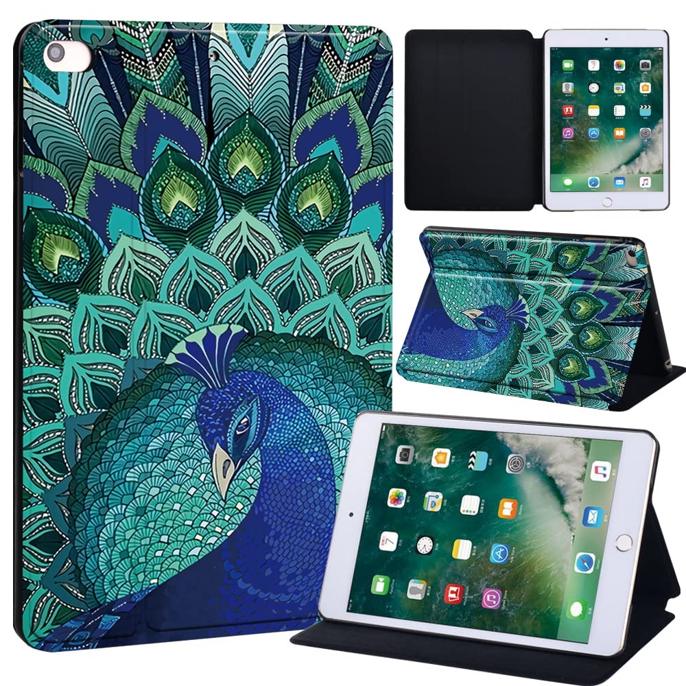 Feather Printed FINDING CASE Fit Apple iPad Mini 4/5 Tablet - Printed PU Flip Leather Smart Lightweight Shell Stand Cover Case for iPad Mini 4 Mini 5 (peacock)