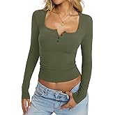 EasyGala Womens Cotton Long Sleeve Henley Shirts Sexy Square Neck Tops Slim Fit T-Shirt Trendy Outfits Fall Clothes 2026
