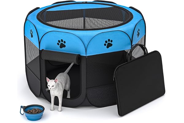 ZuHucpts Portable Foldable Pet Playpen/Dog Puppy Pen/Cat Tent cage | Indoor Outdoor Use | + Travel Bowl (Medium 28" x 28" x 1