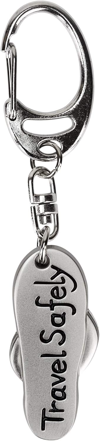 Travel Safely flip flop metal keyring in a smart organza pouch with printed gift tag, Silver - Image 3