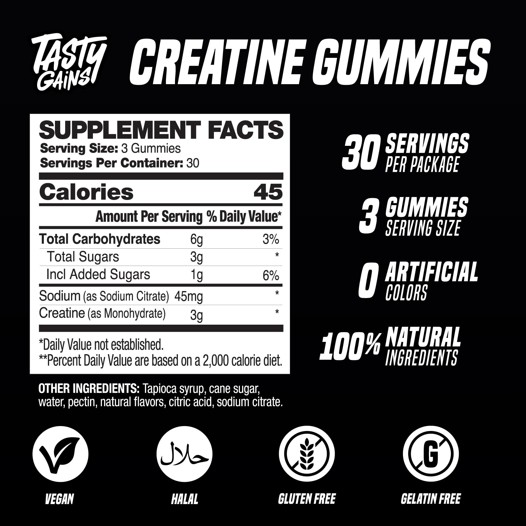 TASTY GAINS Creatine Gummies - 90g of Creatine Monohydrate - Workout Supplements - Build Muscle & Boost Strength for Men & Women - Made in USA - Non GMO - Vegan Friendly (Large, Blue Raspberry)