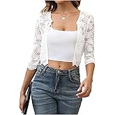 SHENHE Women's Sheer Lace Open Front 3/4 Sleeve Lightweight Cropped Jacket Shrug Bolero