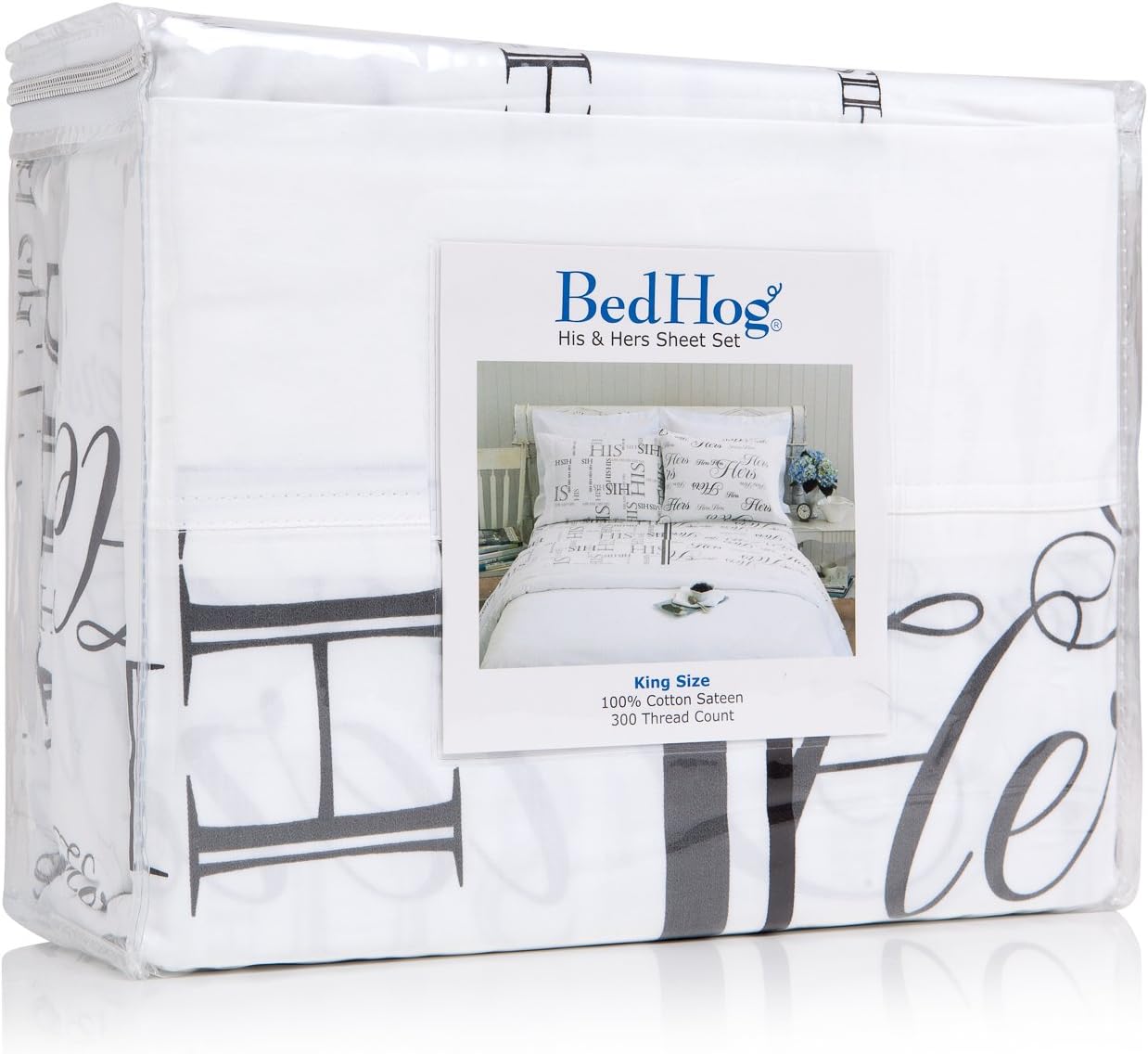 Amazon Com Bed Hog His Hers 300 Thread Count 100 Cotton Sateen Printed Sheet Set Queen Black Grey Home Kitchen