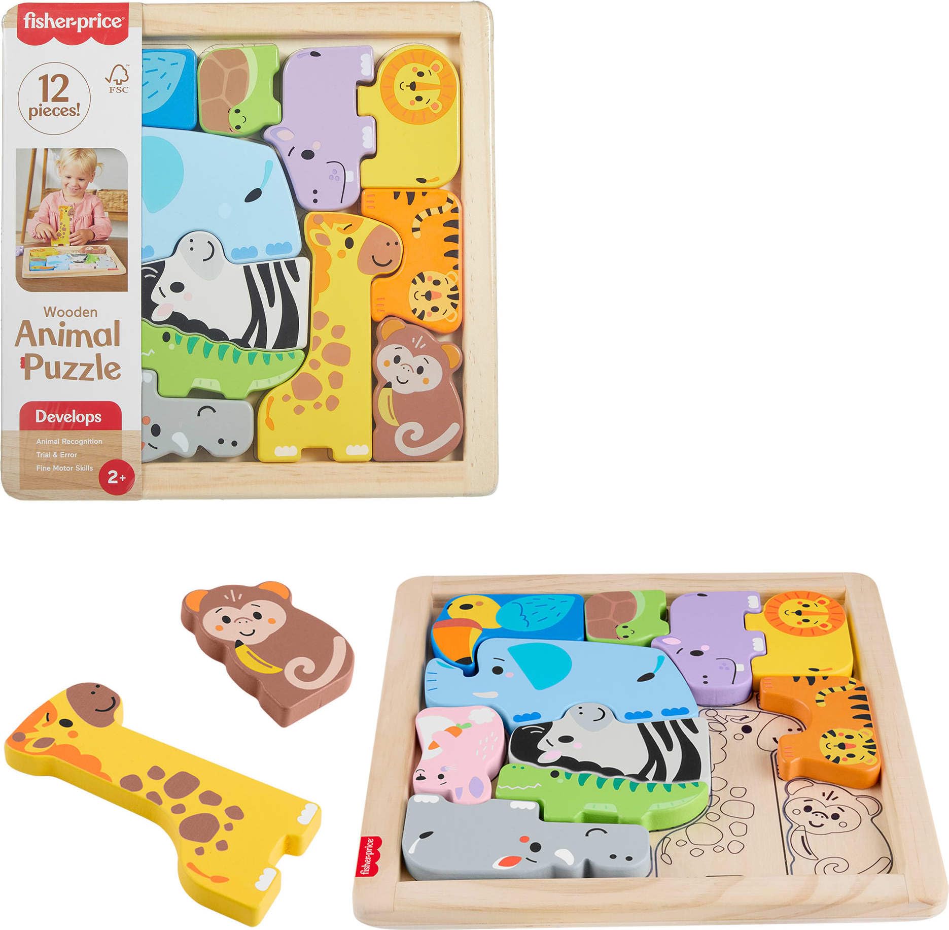 Photo 1 of Fisher-Price Wood Toddler Toy Animal Puzzle, 12 Piece Wooden Shape-Sorting Activity for Preschool Kids Ages 2+ Years