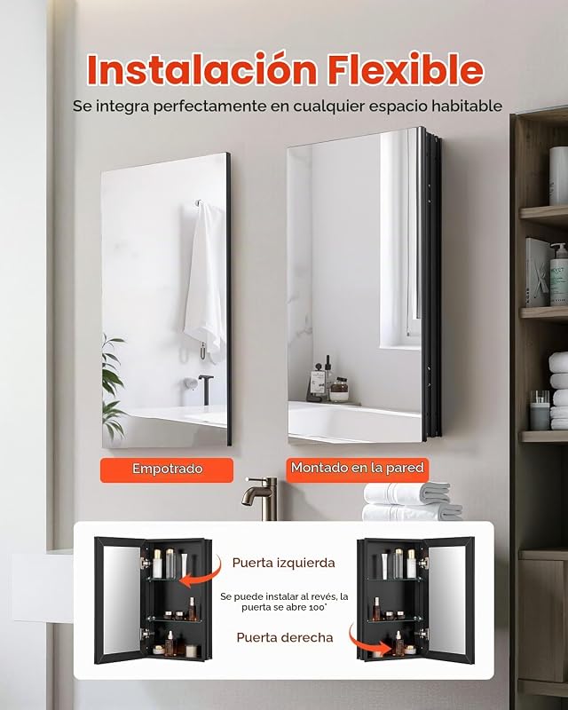 Kit de primeiros socorros para espelhos de casa de banho com porta espelhada e prateleiras de vidro ajustáveis, instalação embutida e montada na parede, em alumínio, organizador de arrumação, 355 x 135 x 610 mm