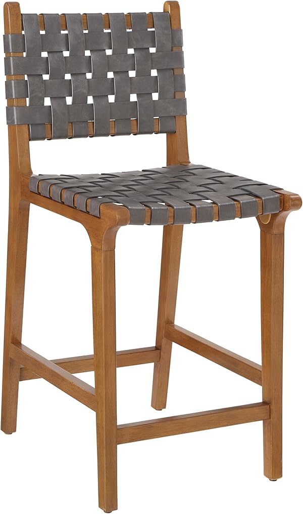 Ball & Cast Gewebter Tresen Barhocker mit Rückenlehne, Holz Küchenhocker mit PU-Ledersitz, Barhocker Stuhl mit Fußstütze für Esszimmer, dunkelgrau
