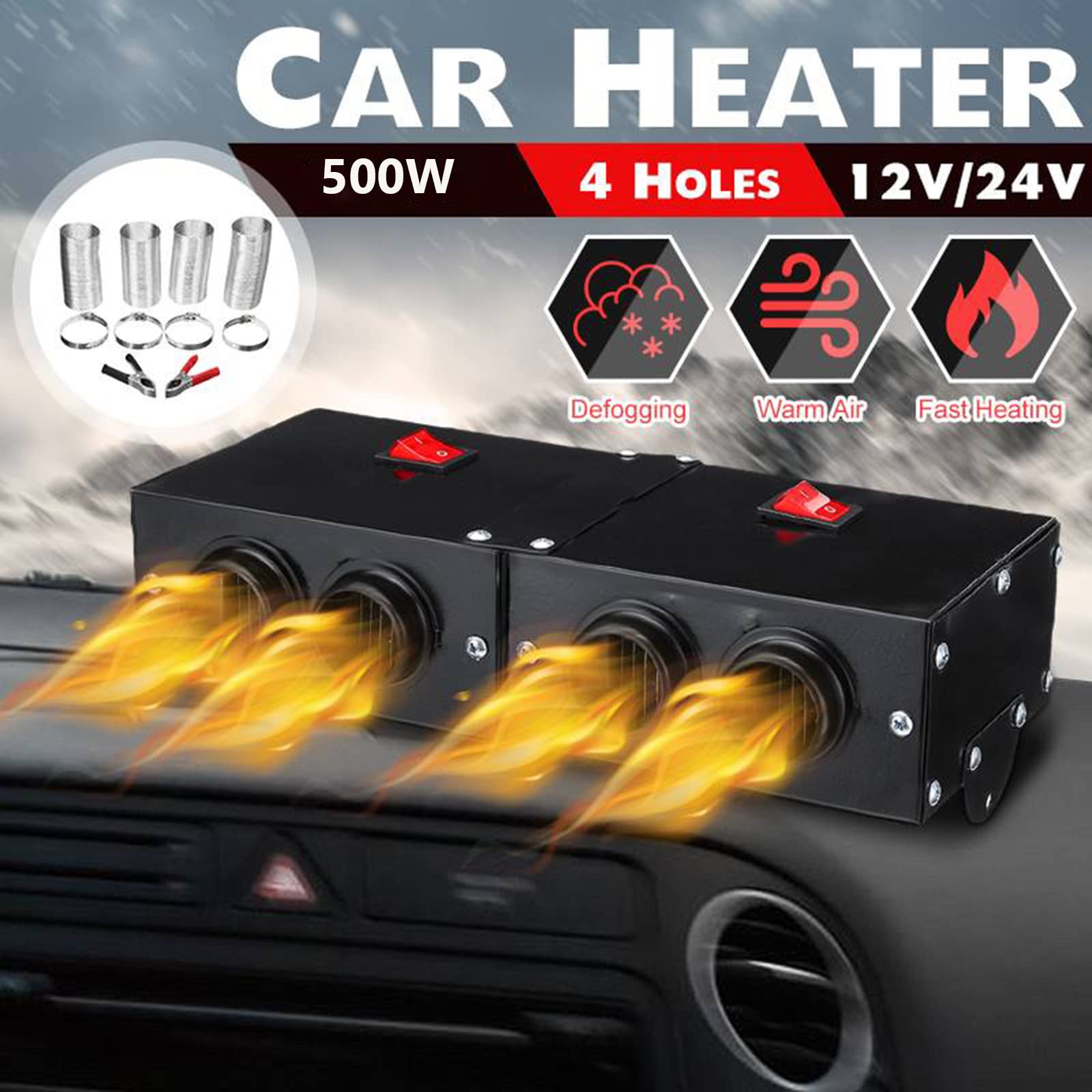 Photo 1 of Car Heater Windshield De-Icers - Torcarvh Car Defogger 12V 500W Car Heater 2 in 1 Portable Car Heaters and Cooling Fan with Purification for Winter (24V 500W, 4 Holes)