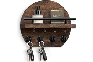 Nekon Key Holder for Wall - 9.8 Inch Apartment Wall Decor with Shelf and 8 Key Hooks, Circular Wood Key Hanger for Home Decor