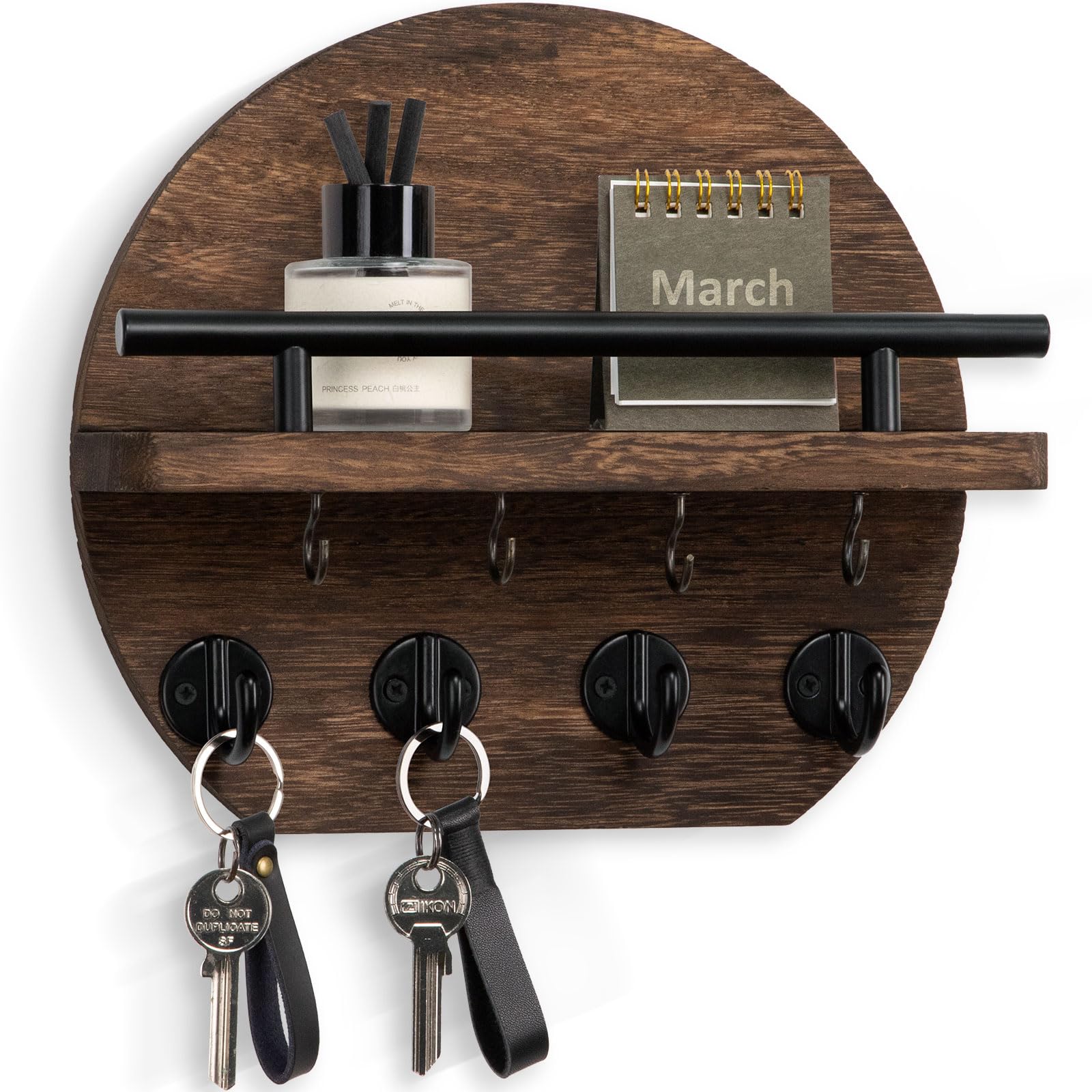 Nekon Key Holder for Wall - 9.8 Inch Apartment Wall Decor with Shelf and 8 Key Hooks, Circular Wood Key Hanger for Home Decor (Brown)