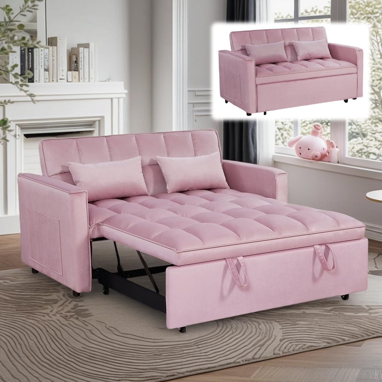 Photo 1 of ** SEE NOTES ***Trygoal 3 in1 Sofa Bed, Pull-Out Sleeper Sofa Bed with 3-Level Adjustable Backrest, Velvet Fabric Convertible Love Seat Sleepers Beds for Living Room & Bedroom & Apartment, Pink