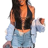 Sexy Corset Tops for Women Adjustable Spaghetti Straps PU Leather Bustier Crop Top Rave Outfit Party Club Night Black