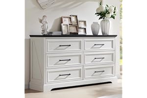 ACCOHOHO Farmhouse 6 Drawer Dresser for Bedroom, 52 Inch Wide Modern Dresser TV Stand with Large Drawers & Bar Handles, Rustic Wood Chest of Drawers for Bedroom, Living Room, Hallway, Off White