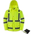 Ubon Men's Reflective Rain Jacket, Waterproof Hi Vis Rain Coat Safety High Visibility Raincoat with Detachable Hood