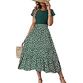 Dokotoo Womens Dresses Floral Print Maxi Dress 2025 Summer Casual Dresses for Women Crewneck Ruffle Short Sleeve Flowy Dresses Elegant Plus Size Summer Dresses with Pockets