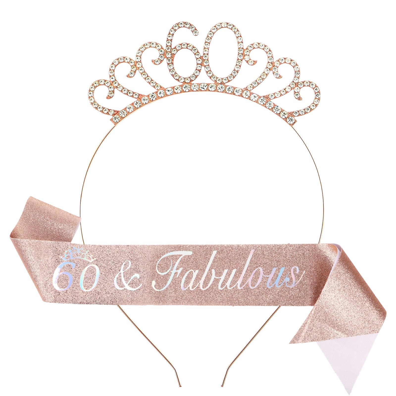 Mzbnfa 60th Crystal Tiara Crown and Birthday Sash Set - 60th Gifts for Women, Rose Gold Glitter Sash, Rhinestone Crown for Birthday Decorations Women Party Accessories