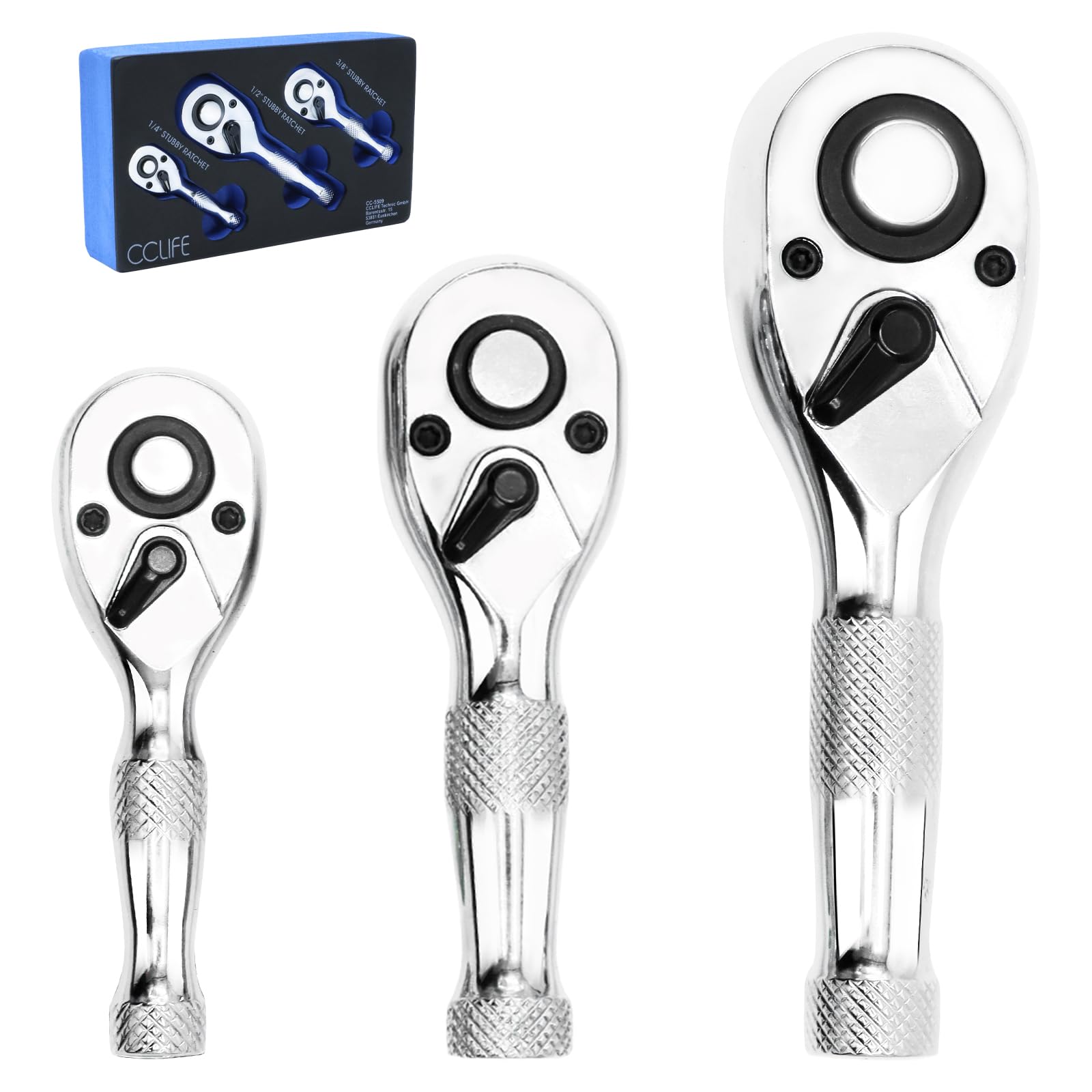 CCLIFE Mini Ratchet 3-Piece Reversible Ratchet Set 1/4 Inch 3/8 Inch 1/2 Inch Fine-Toothed Ratchet with 72 Teeth Made of CRV Steel