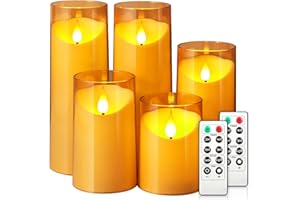 NURADA Flickering Flameless Candles: Acrylic LED Pillar Candles Battery Operated with Remote and Timer Candle for Romantic Ambiance and Home Table Bathroom Decor, Gold, Pack of 5