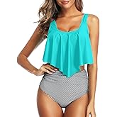 Tempt Me Women Two Piece High Waisted Bikini Swimsuit Ruffle Bathing Suits Tummy Control Tankini Ruched Swimwear