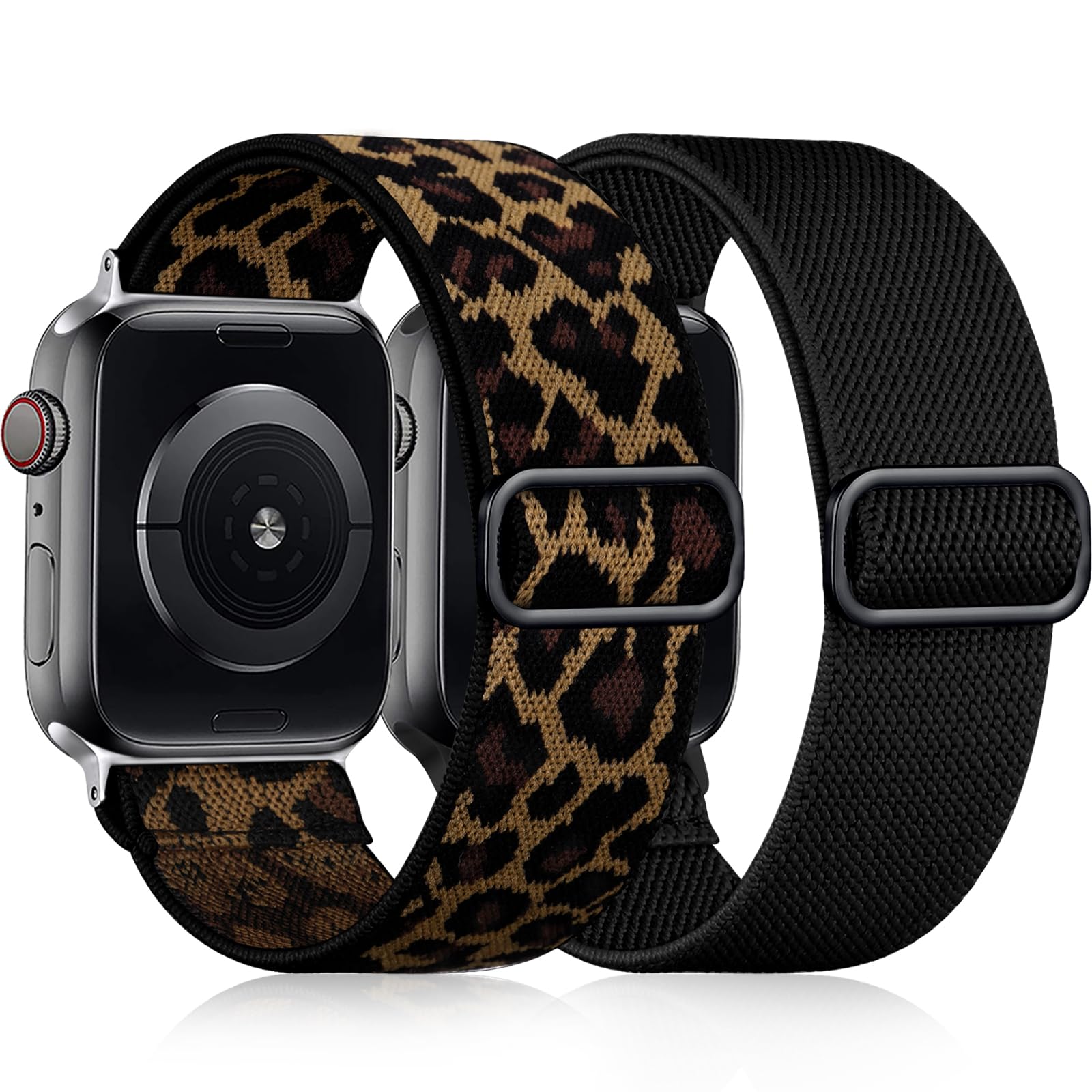 Easuny 2 Pack Elastic Strap Compatible with Apple Watch Strap 38mm 40mm 41mm 42mm, Adjustable Soft Nylon Band for iWatch Series 11 10 9 8 7 6 5 4 3 2 1 SE Ultra for Women Men, Black/Leopard