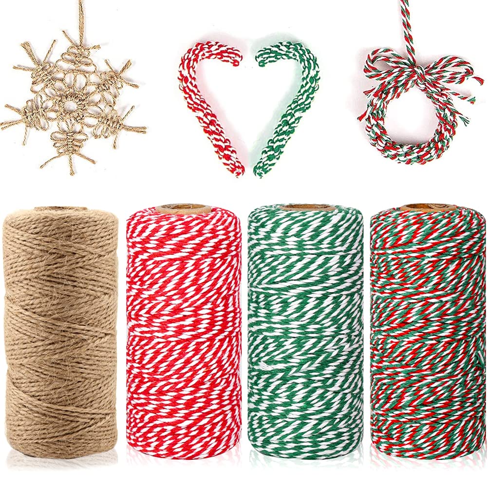 AmazoEU 200m Christmas Cotton String Natural Jute Twine 2mm Thick Strong Durable Red and White Green Bakers Twine for Gift Wrapping, DIY Crafts Arts, Baking, Garden, Butchers (Coloured & Brown)