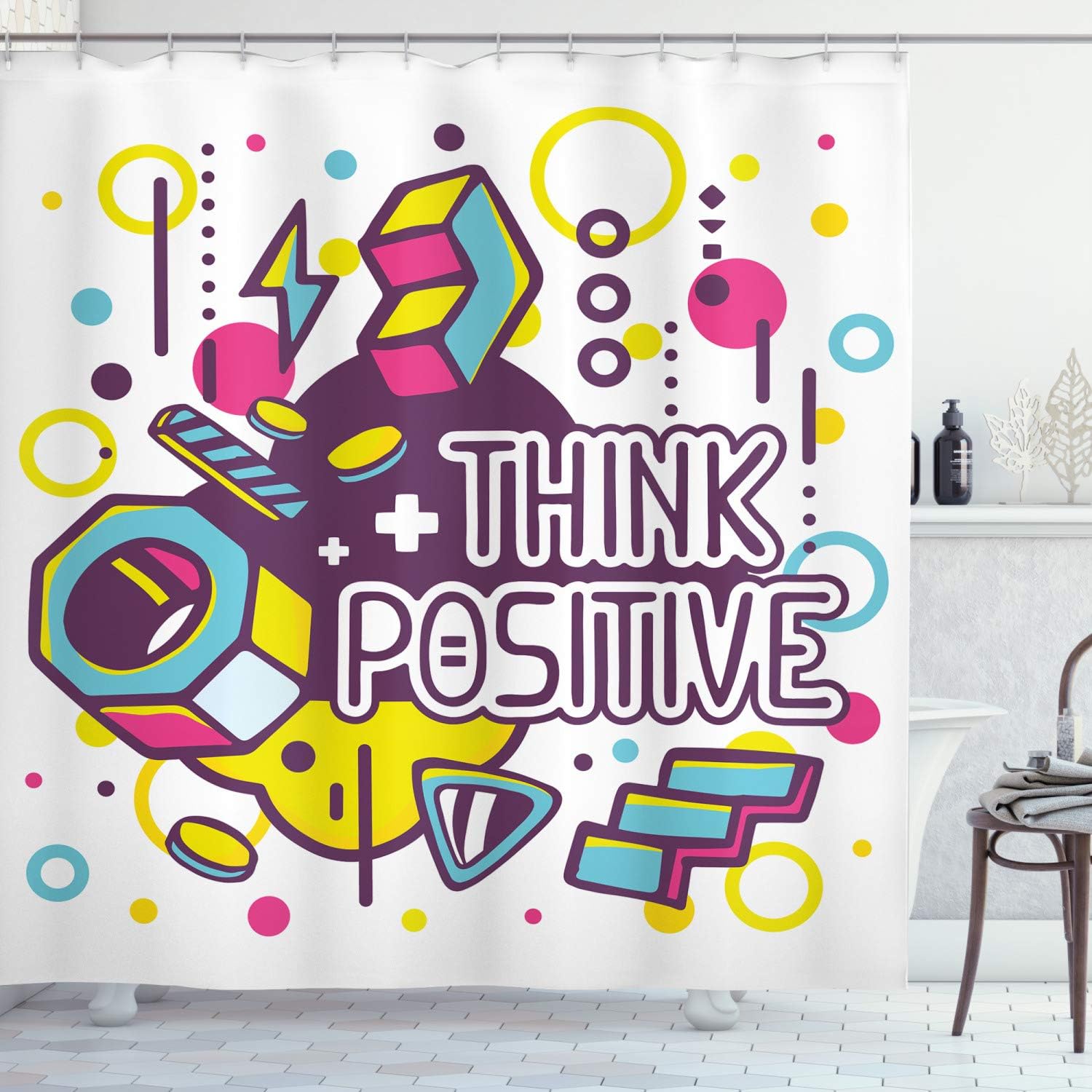 Amazon Com Ambesonne Colorful Shower Curtain Think Positive Motivational Words On Geometric Background Optimistic Hipster Cloth Fabric Bathroom Decor Set With Hooks 84 Long Extra Multicolor Home Kitchen