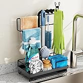 GSlife Sink Caddy Kitchen Sink Organizer - Large All-in-One Sponge Holder with Towel Holder, Rust Resistant Countertop Caddy with Drip Tray and Hooks for Brush, Gloves, Drying Hanger, Black