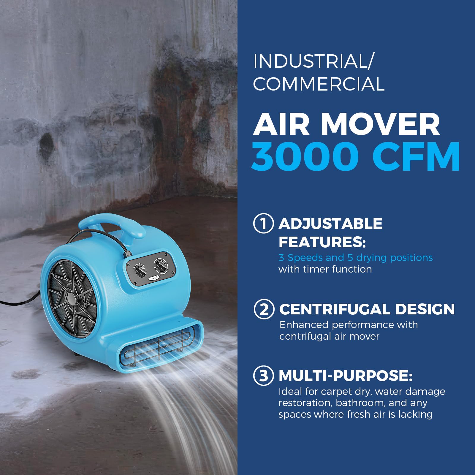 ALORAIR 3000 CFM Air Mover Blower Fan for Industrial, Floor Drying Fan, Carpet Dryer - Timer, Filter, Stackable, 3 Speeds, 5 Adjustable Angles, for Water Damage Restoration and Plumbing - GE3000TF