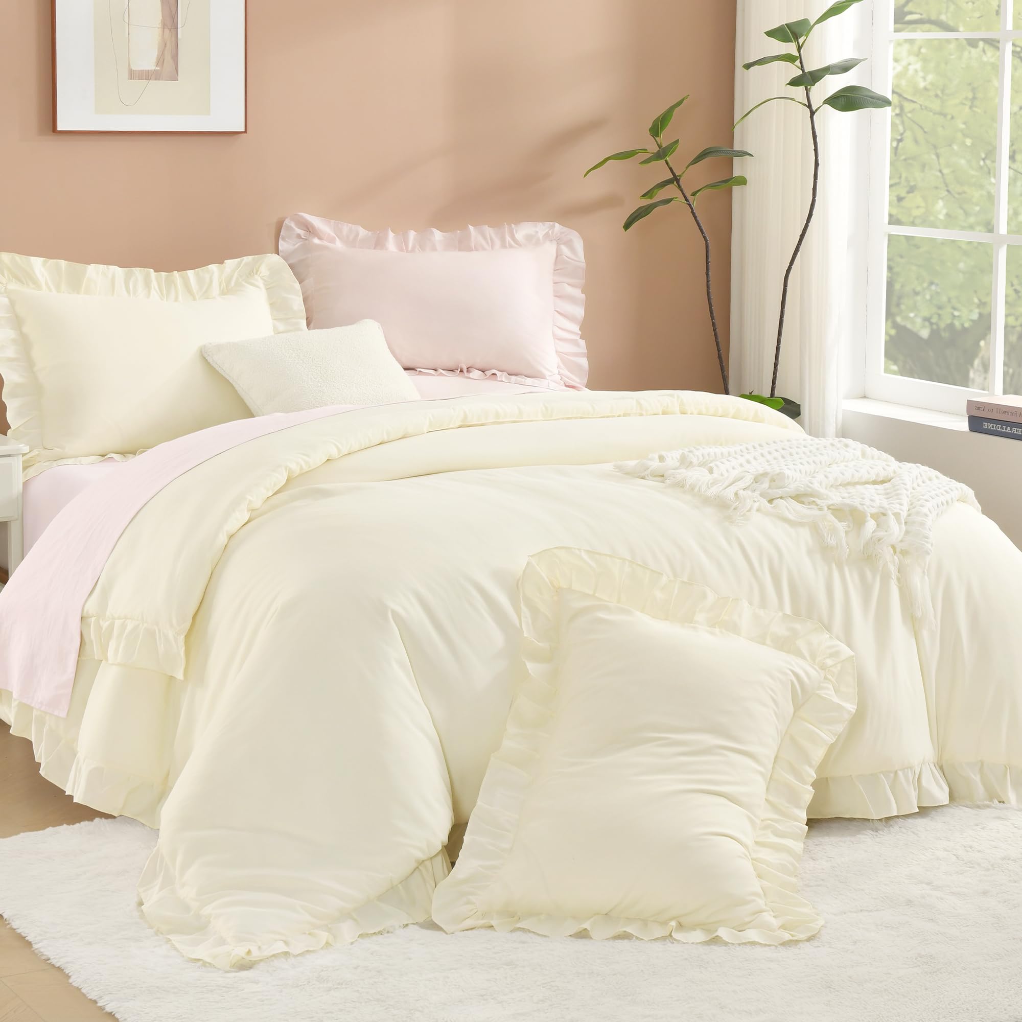 Litanika Cream King Size Comforter Set, 3 Pieces Ruffle Farmhouse Aesthetic Bedding Comforter Set, All Season Soft Lightweight Fluffy Microfiber Bed Set(104x90In Comforter, 2 Pillowcases) Image