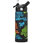 Ntswasd Monster Trucks Boys Water Bottle with Straw,18 oz Kids Insulated Cups with Stainless Steel Leak Proof for School,Sport&Travel