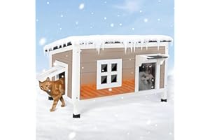 TECHTAIL Extra Large Heated Outdoor Cat House for Winter, 100% All-Round Foam Insulated Cat House for Multiple Felines, Weatherproof Wooden Feral Cat Shelter with Openable Asphalt Roof & Escape Door