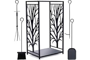 WILLOW WEAVE Firewood Rack Fire Log Holder Storage Set with 4 Tools Brush, Shovel, Poker, and Tongs, Easy to Use and Clean, Decorative Fireplace Wood Rack, Great Space Saver for Indoor/Outdoor