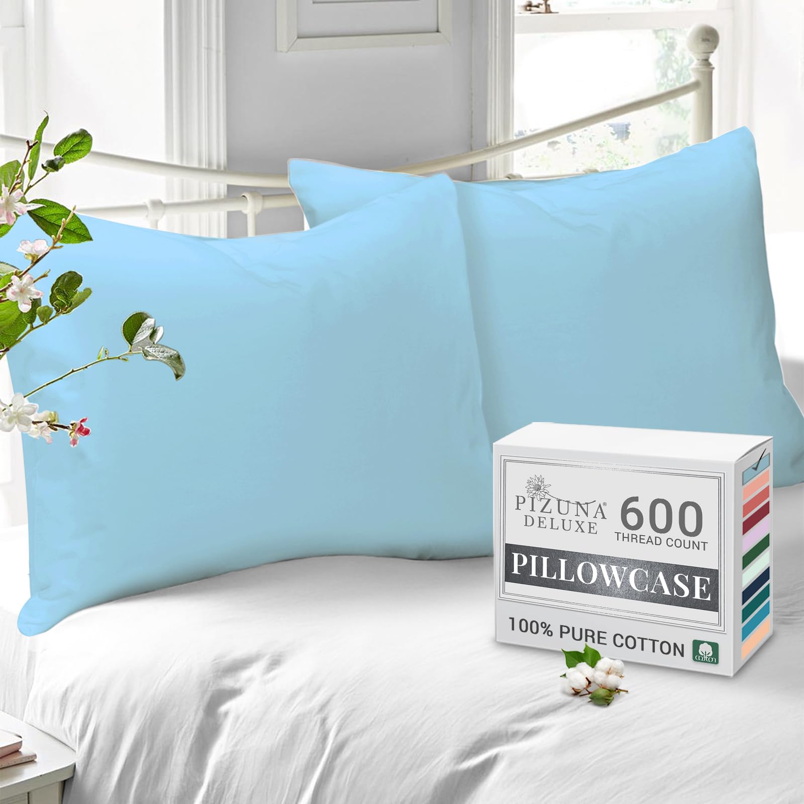 Pizuna Pure Combed Cotton Housewife Pillowcases 2 Pack Baby Blue 48x74cm, 600 Thread Count 100% Long Staple Combed Cotton Pillow Cover, Soft Sateen Housewife Pillow Cases (100% Cotton Pillowcase)