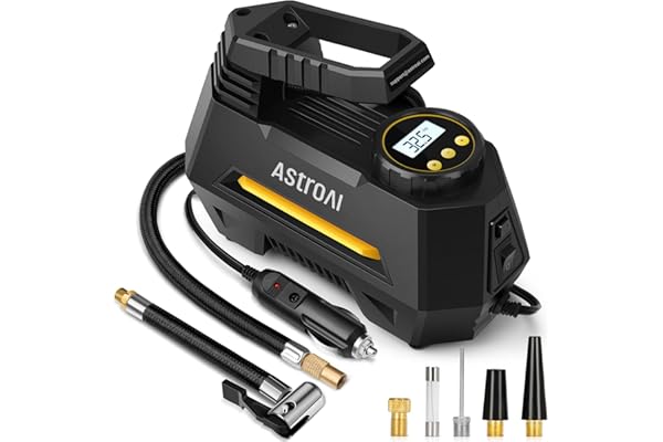 AstroAI Tire Inflator Portable Air Compressor Tire Air Pump for Car Tires - Car Accessories, 12V DC Auto Pump with Digital Pressure Gauge, Emergency LED Light for Bicycle, Balloons, Yellow
