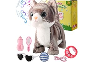 MARSJOY Gray Leash Walking Cat Set Singing That Purrs and Meows Animated Plush Robot Kitten Moving Plush Realistic Stuffed Animal Remote Control Cute Kawai Robotic Kitty Toy for Kid Girl Gift