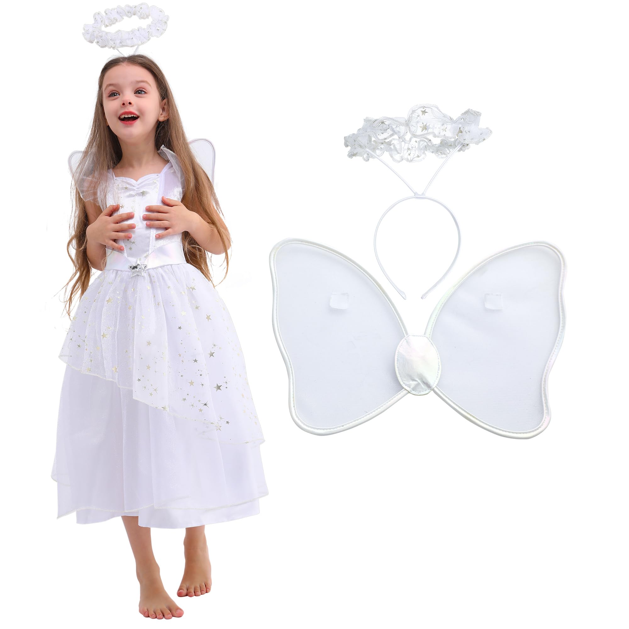 Sincere Party Nativity Angel Virgin Fancy Dress Costume,Christmas Angel Snowflake Fancy Dress with Wings and Halo For Girls 7-8 years