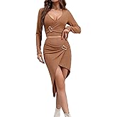 ZAFUL Women Long Sleeve Twist Front Cutout Midi Dress Plunging Neck Split Bodycon Ribbed Club Dresses