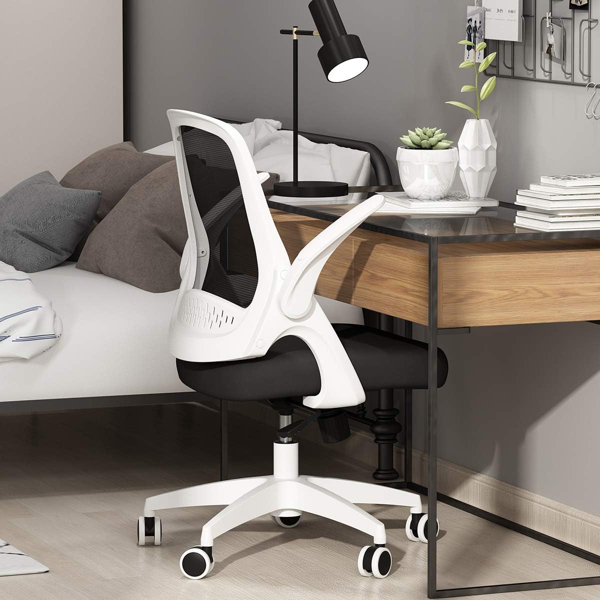 Hbada Office Task Desk Chair Swivel Home Comfort Chairs with Flip-up Arms and Adjustable Height, White: Kitchen & Dining