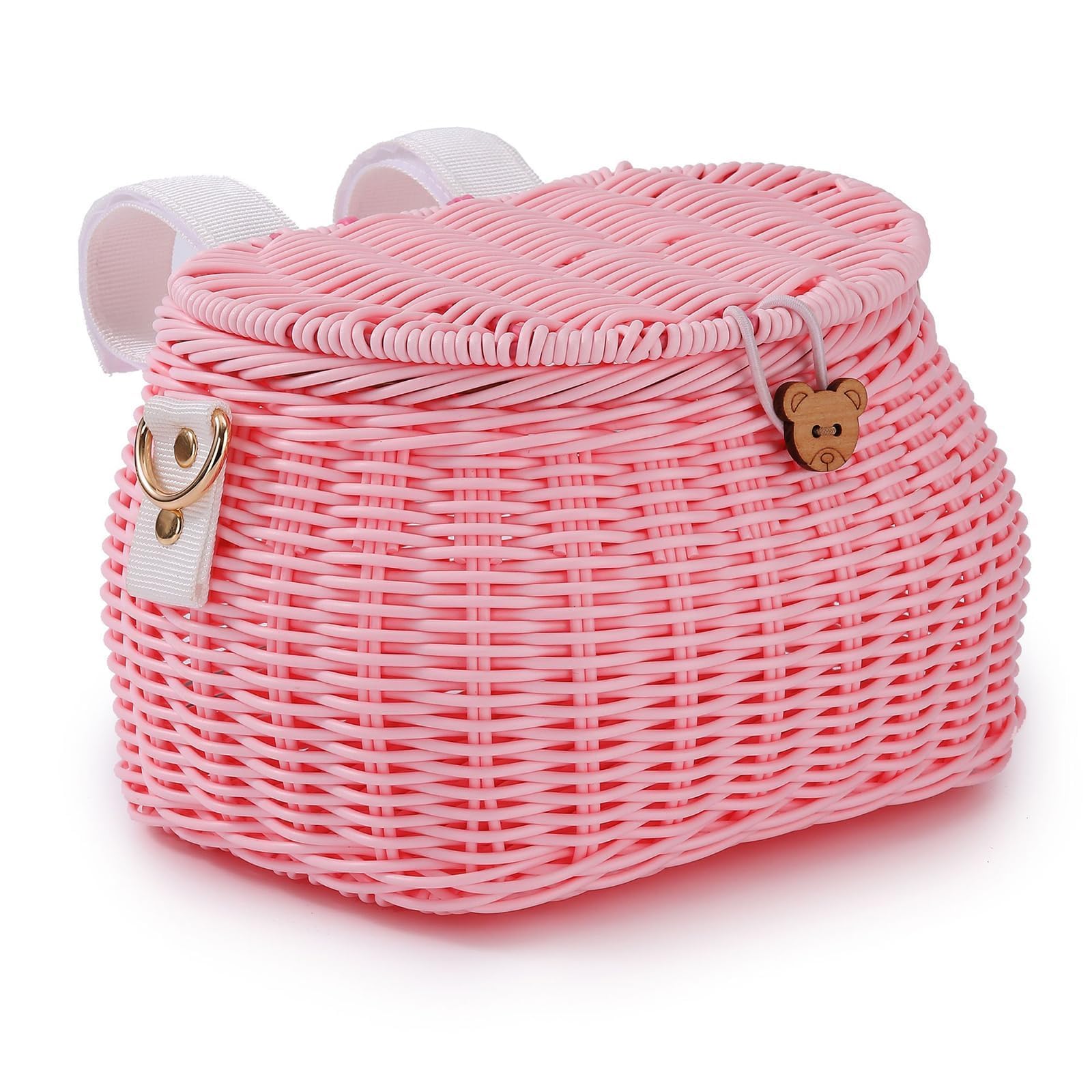 SVNR Kids Bike Basket Set - Cycling Backpack with Lid & Shoulder Strap, Rattan Front Handlebar Basket, Pink