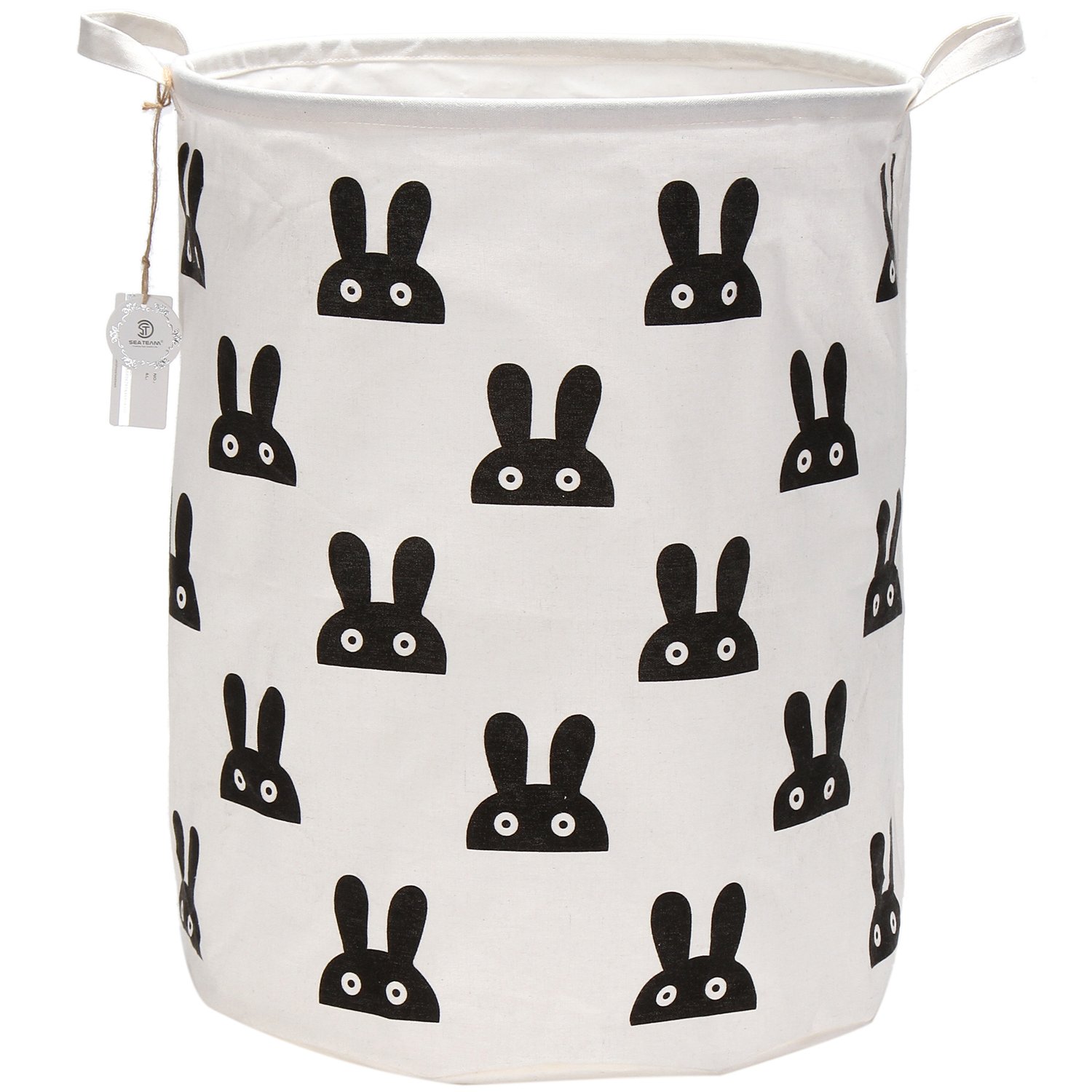 Sea Team 19.7 Inch Large Sized Waterproof Coating Ramie Cotton Fabric Folding Laundry Hamper Bucket Cylindric Burlap Canvas Storage Basket with Stylish Black Bunny Design โ image 1
