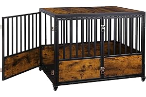AGESISI Dog Crate Furniture 44 Inch Wooden Dog Kennel, Pet Crates End Table with 2 Doors, Dog Cage Indoor with 4 Lockable Wheels for Medium and Large Dogs, Rustic Brown